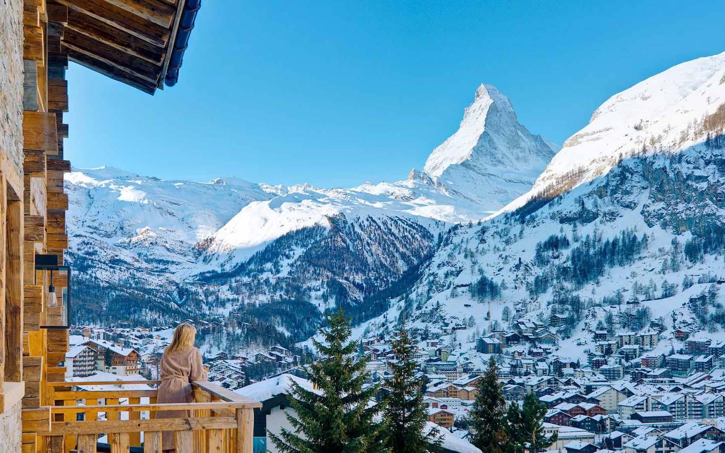 View from luxury ski chalet over the ski resort of Zermatt, Switzerland.